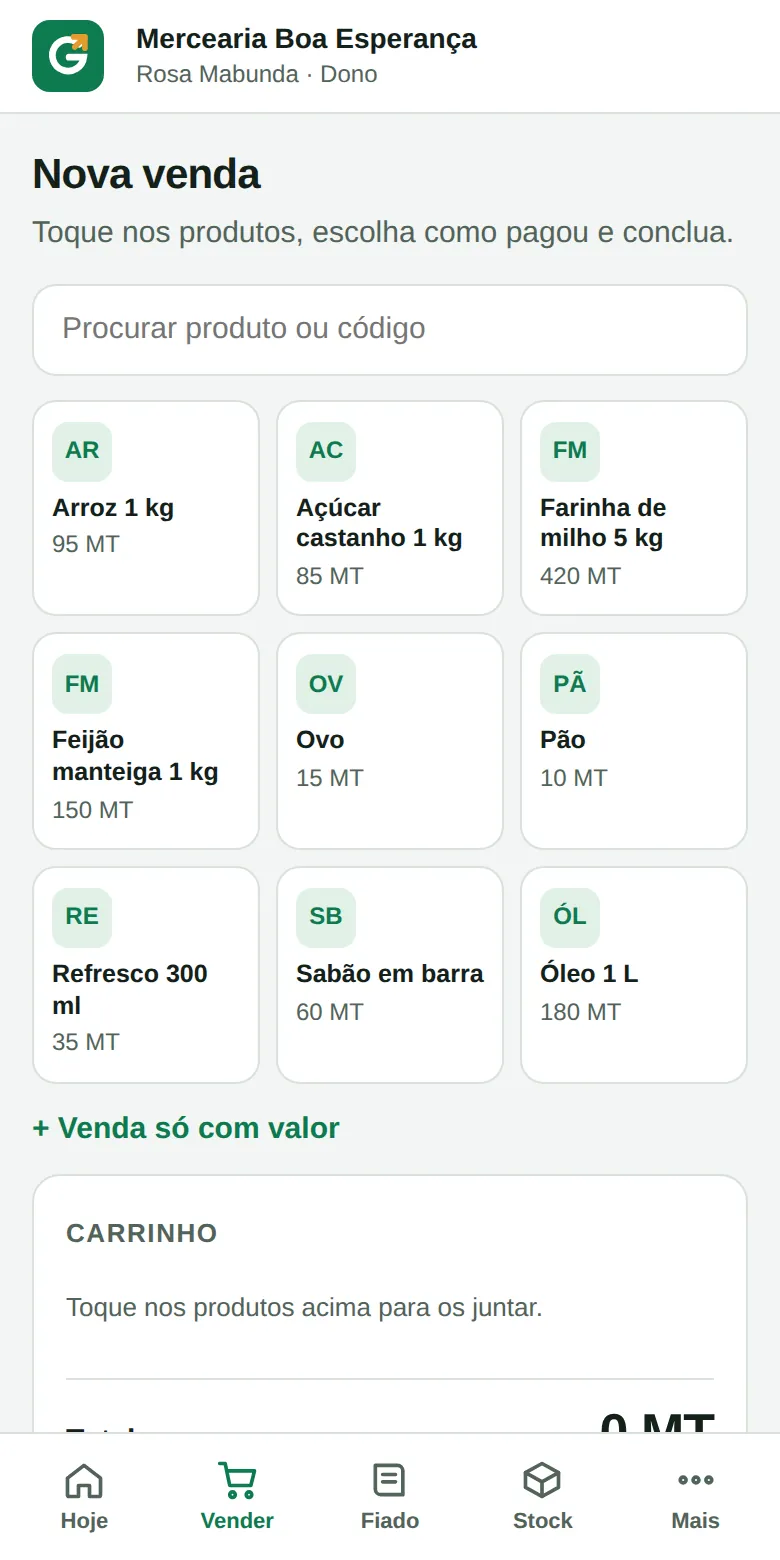 Ecrã Vender do GeNegócio no telemóvel
